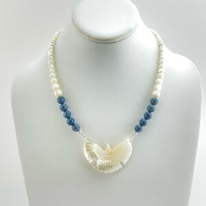 Mother of Pearl Dove Necklace & Earrings, Handmade with Blue Coral, 19” Long